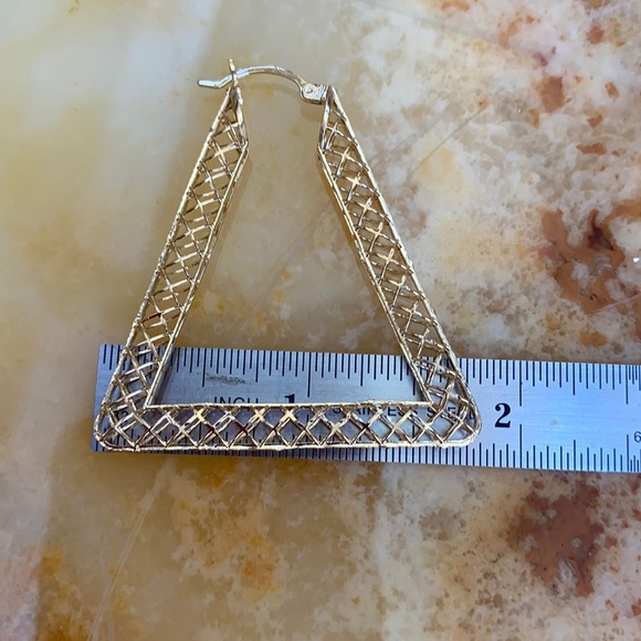 Gold plated large hoop mesh triangle earrings 2” - Picture 3 of 7
